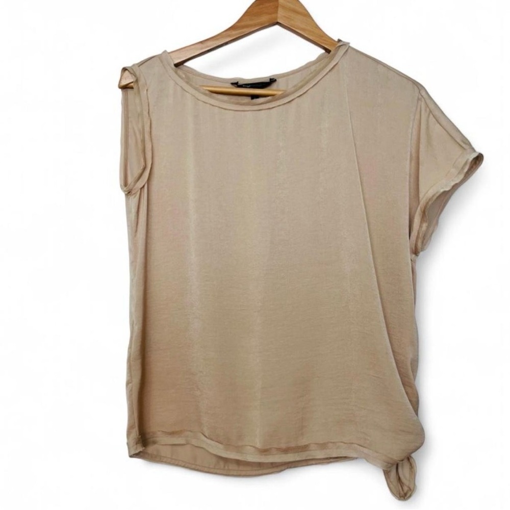 BCBGMaxAzria Satin Asymmetrical Cream Side-Tie Blouse, Minimalist Chic, Size XS